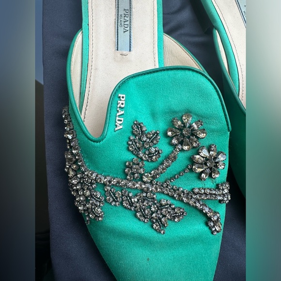 Prada Satin Green Slides Loafers Mules with crystals sz 39 US 9 - Picture 2 of 14